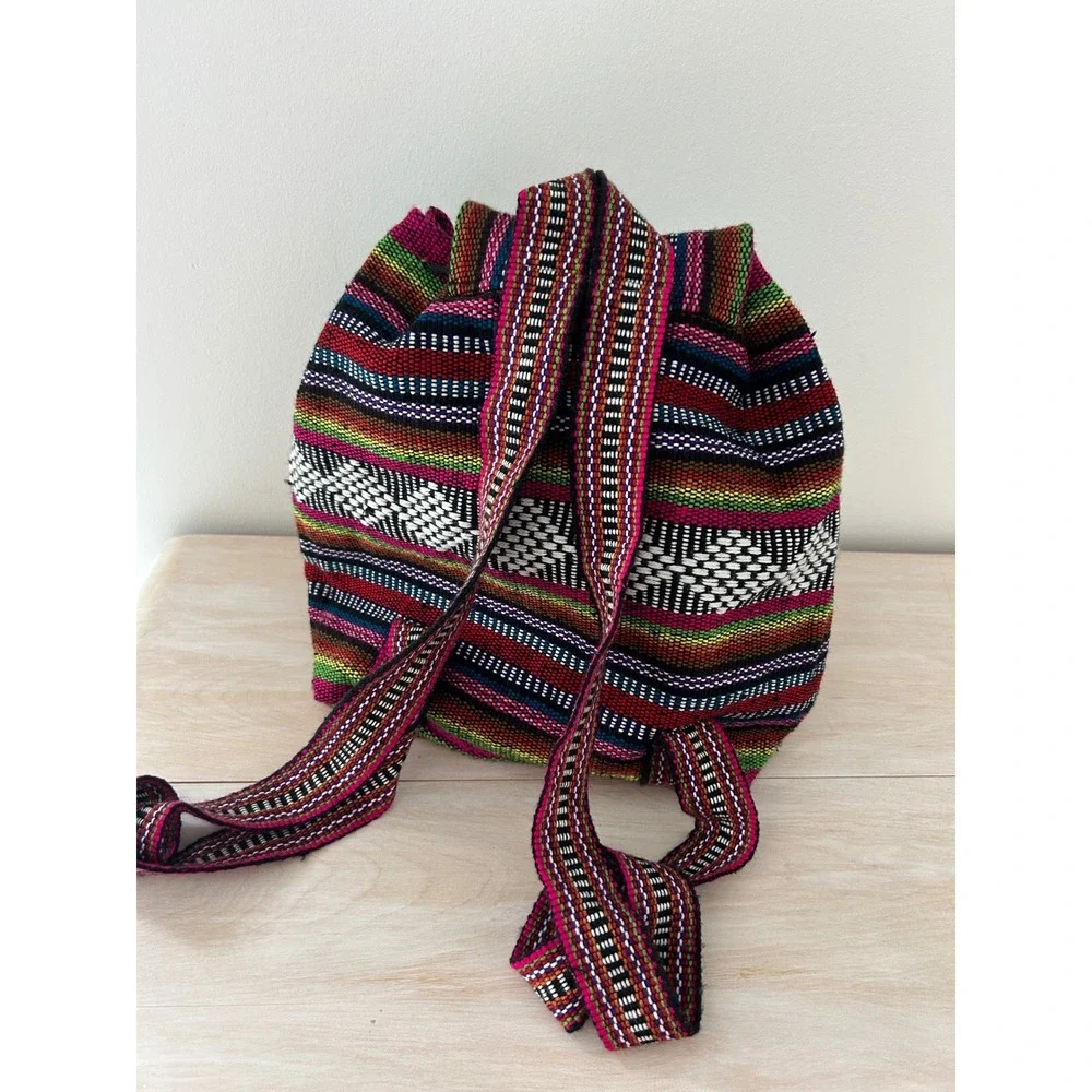 Artesanias Pinzon Woven Boho Backpack Multi Color Striped Drawstring Bag